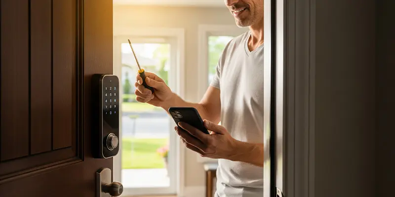 Homeowner pairing a touchscreen keypad lock with a smartphone during DIY installation